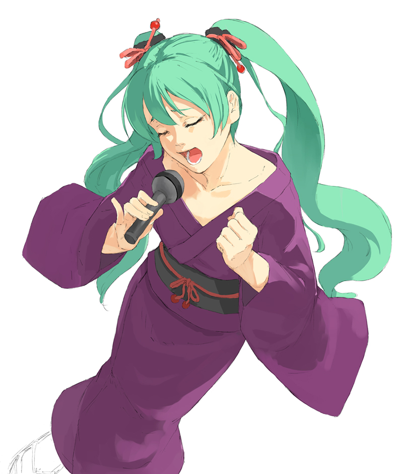 aqua_hair enka hatsune_miku japanese_clothes kimono kuroko_(piii) microphone open_mouth solo twintails vocaloid