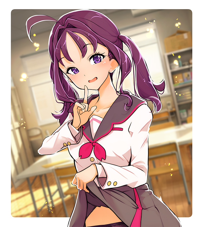 1girl ahoge black_panties blurry blurry_background classroom clothes_lift commentary_request day grey_sailor_collar grey_skirt hamuhamu hanamichi_middle_school_uniform index_finger_raised indoors kimi_to_idol_precure lifting_own_clothes light_particles long_sleeves looking_at_viewer medium_hair miniskirt neckerchief open_mouth panties partial_commentary pleated_skirt precure purple_eyes purple_hair red_neckerchief sailor_collar school_uniform shigure_kokoro shirt skirt skirt_lift smile solo standing twintails underwear white_shirt