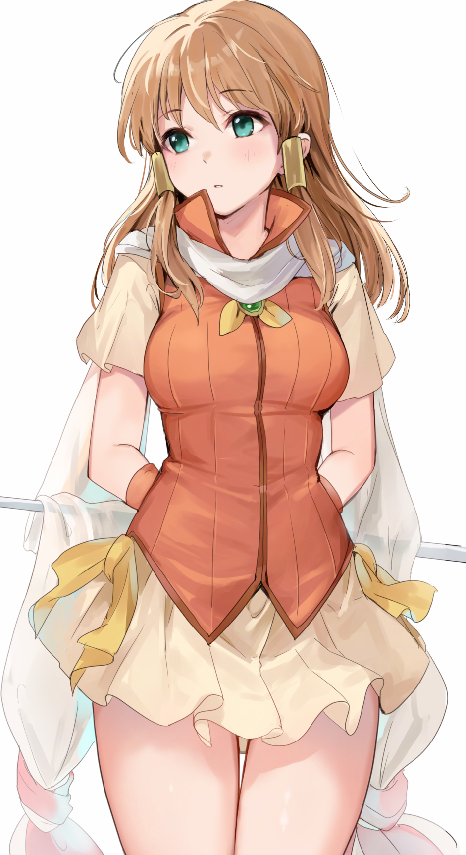 1girl arms_behind_back bow breasts brown_hair commentary cowboy_shot feet_out_of_frame fire_emblem fire_emblem:_radiant_dawn green_eyes hair_ornament haru_(nakajou-28) highres looking_to_the_side medium_breasts medium_hair miniskirt mist_(fire_emblem) narrow_waist nintendo orange_vest popped_collar scarf see-through_scarf short_sleeves sidelocks simple_background skirt solo taut_clothes thighs vest white_background white_scarf yellow_bow yellow_skirt
