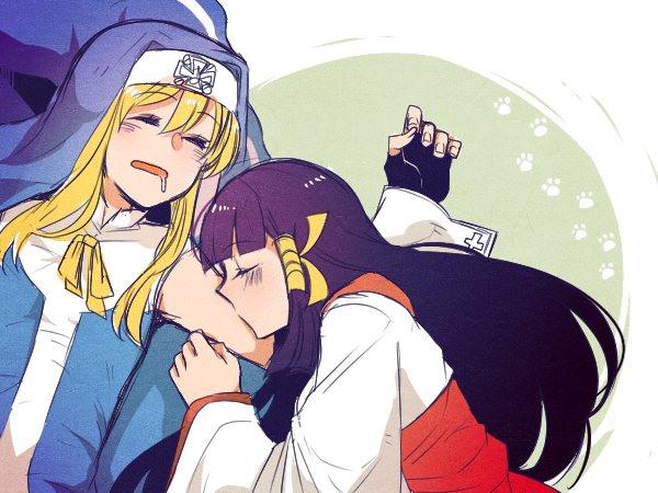 1boy 1girl arcana_heart black_hair blonde_hair bridget_(guilty_gear) closed_eyes coif crossover cuffs drooling fingerless_gloves gloves guilty_gear hair_ribbon japanese_clothes kasuga_maori kuroneko_(44yen) long_hair lying lying_on_person m.u.g.e.n miko paw_print ribbon simple_background sleeping sleeping_on_person trait_connection very_long_hair yellow_ribbon
