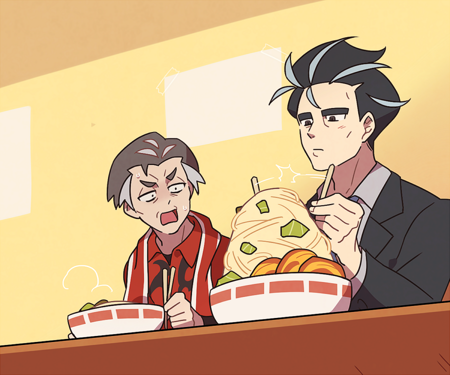 2boys black_hair black_suit black_undershirt blue_necktie bowl chopsticks collared_shirt food formal_clothes grey_eyes grey_hair grey_shirt holding holding_chopsticks kabu_(pokemon) larry_(pokemon) male_focus mature_male multicolored_hair multiple_boys necktie nintendo noodles pokemon pokemon_sv pokemon_swsh print_shirt ramen red_shirt shirt short_hair ssalbulre streaked_hair suit surprised sweat towel towel_around_neck two-tone_hair