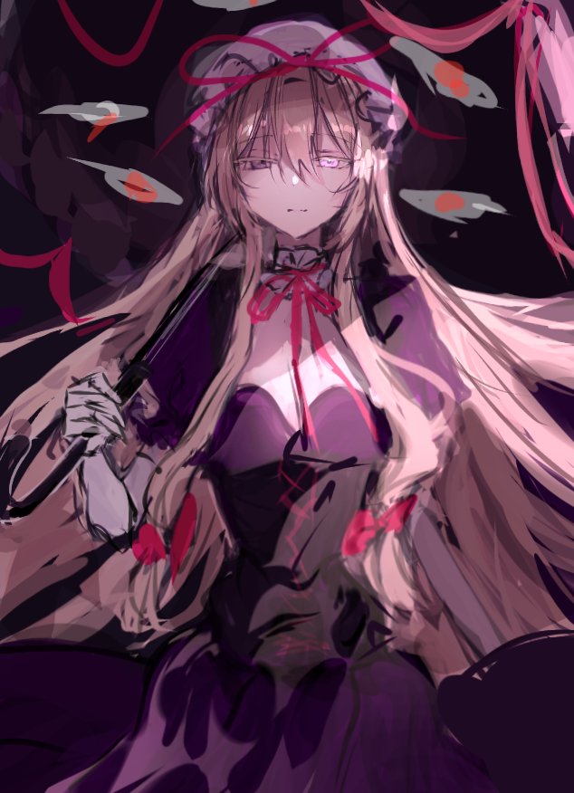 1girl blonde_hair choker dress elbow_gloves expressionless gap_(touhou) gloves hair_between_eyes hair_ribbon holding holding_umbrella long_hair looking_at_viewer purple_dress purple_eyes ribbon ribbon_choker short_sleeves sketch solo t03p0iungjj1krn touhou umbrella very_long_hair white_gloves yakumo_yukari