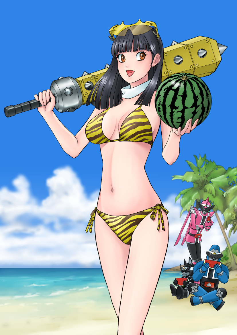 1girl avataro_sentai_donbrothers beach bikini black_hair club_(weapon) food fruit holding holding_food holding_fruit holding_watermelon iwa kito_haruka ocean orange_eyes shades super_sentai swimsuit watermelon