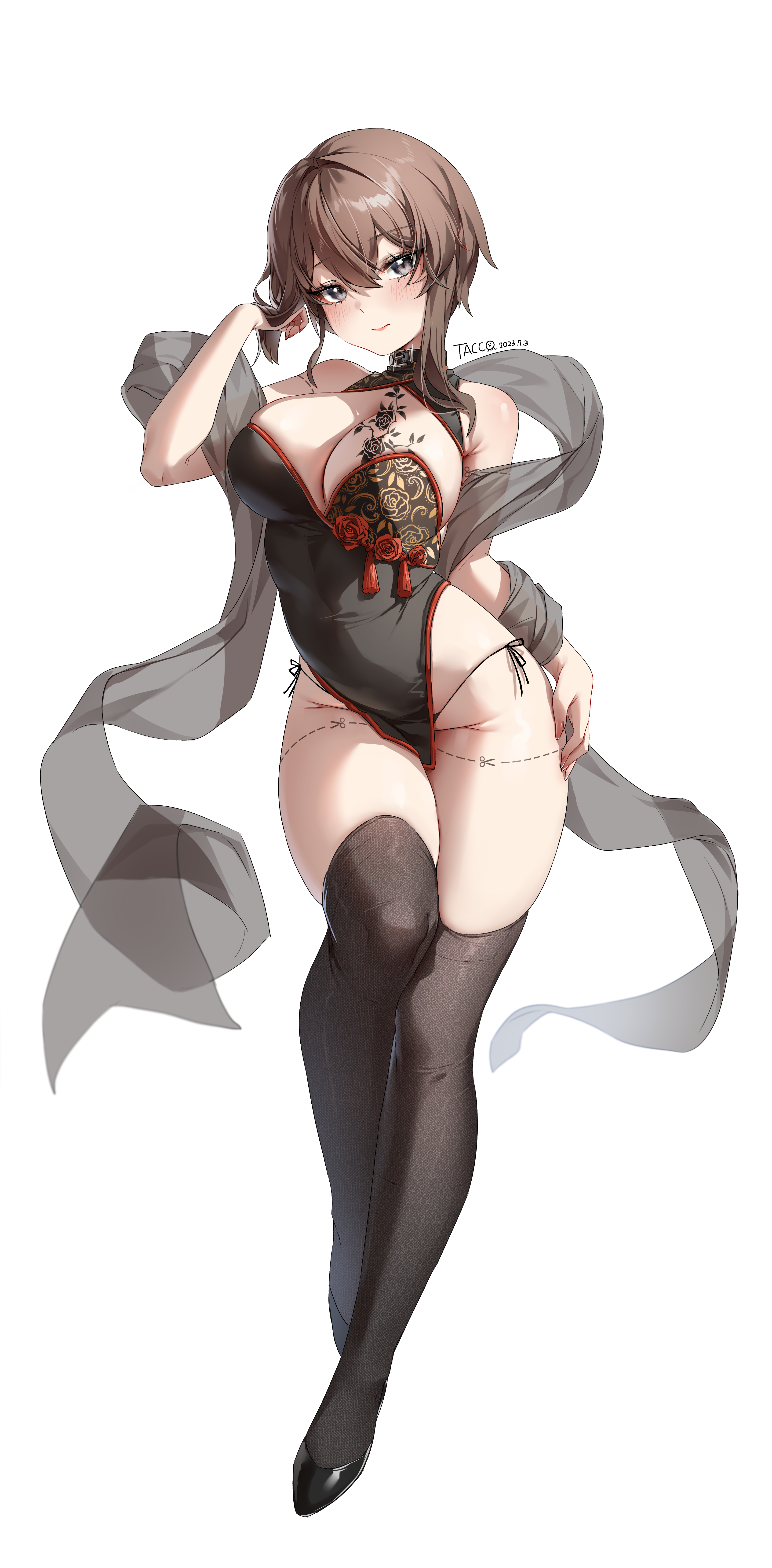1girl 3: absurdres bare_arms bare_shoulders black_choker black_dress black_eyes black_shoes black_thighhighs breast_tattoo breasts brown_hair china_dress chinese_clothes choker cleavage cleavage_cutout closed_mouth clothing_cutout commission covered_navel cut-here_line dress floral_print full_body hand_up highres karinn_(ka941) large_breasts long_hair looking_at_viewer original panties pelvic_curtain shawl shoes short_dress short_hair_with_long_locks side-tie_panties side-tie_peek skindentation sleeveless sleeveless_dress solo standing string_panties tacco_(tikeworld) tattoo thighhighs thighs underwear