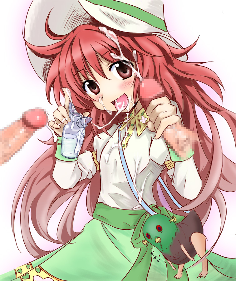 00s 1girl blush brown_eyes brown_hair censored cum cum_in_mouth cum_on_body cum_on_clothes cum_on_hair cum_on_tongue dress facial hanato_kobato handjob hat jar kobato. mosaic_censoring penis solo_focus tongue