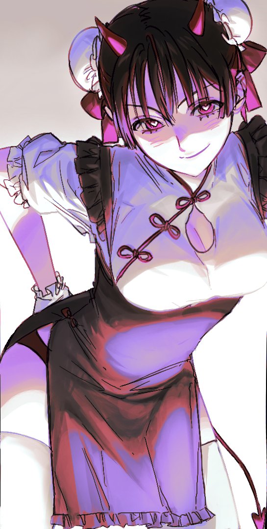 176_kwang 1girl black_hair black_panties black_skirt breasts bun_cover chinese_clothes cleavage cleavage_cutout closed_mouth clothing_cutout cow demon_girl demon_horns demon_tail double_bun gloves hair_bun hair_ribbon heart heart-shaped_pupils high-waist_skirt horns korean_commentary leaning_forward looking_at_viewer maid medium_breasts miniskirt original panties pelvic_curtain pink_eyes pink_horns pink_ribbon qi_maid ribbon shirt skin_tight skirt smile solo symbol-shaped_pupils tail thighhighs underwear white_background white_gloves white_shirt white_thighhighs