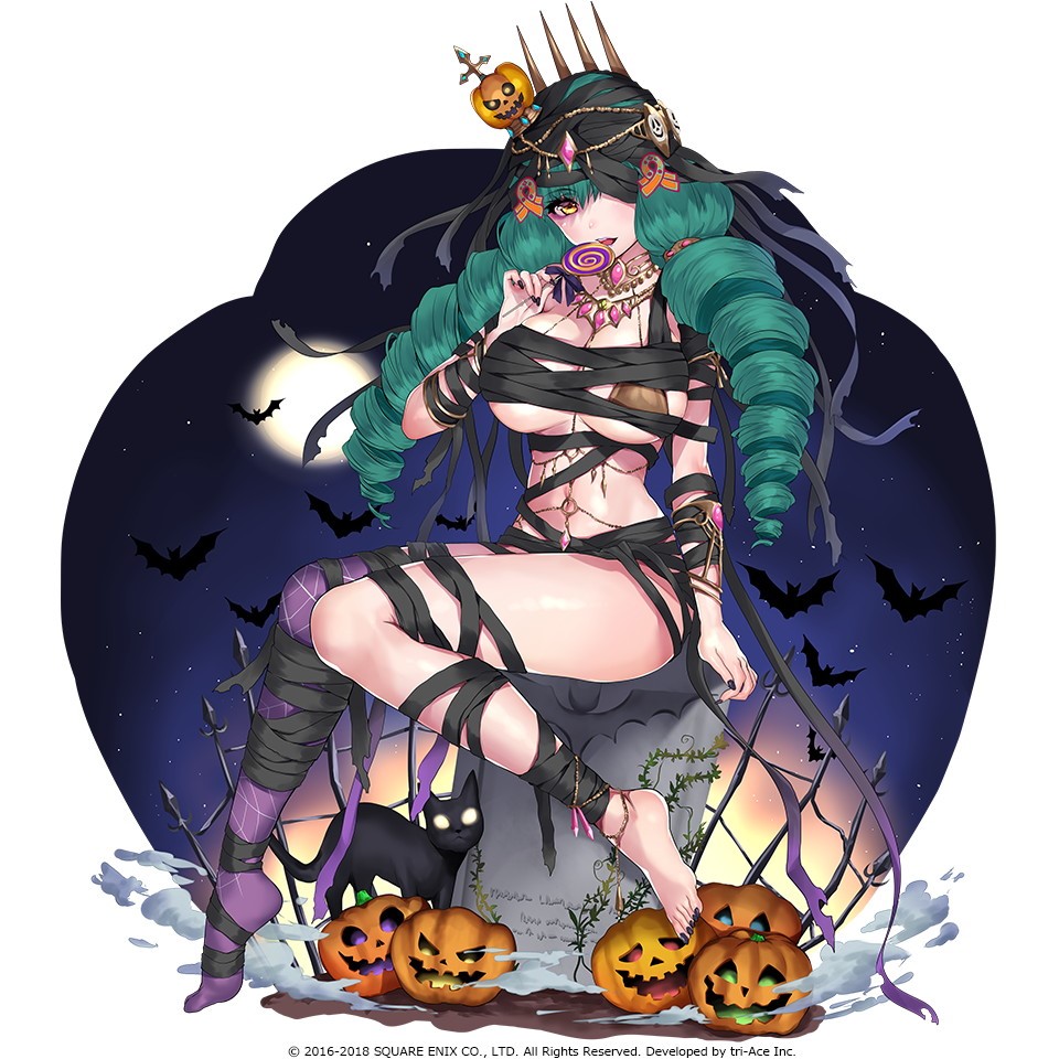1girl bandages bat_(animal) black_cat breasts candy cat choker drill_hair female_focus fiore_brunelli food full_moon green_hair hair_ornament halloween halloween_costume holding holding_candy holding_food holding_lollipop jack-o&#039;-lantern jack-o&#039;-lantern_hair_ornament large_breasts lollipop long_hair moon mummy_costume nail_polish night official_art purple_thighhighs single_thighhigh sitting solo spider_web_print star_ocean star_ocean_anamnesis star_ocean_integrity_and_faithlessness thighhighs toenail_polish toenails tombstone yellow_eyes