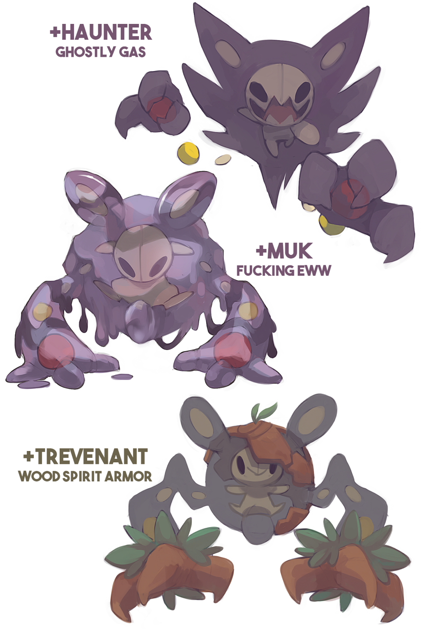 artist_name character_name commentary creature creatures_(company) dar-draws english_commentary english_text full_body fusion game_freak gen_1_pokemon gen_5_pokemon gen_6_pokemon haunter highres looking_at_viewer muk nintendo no_humans pokemon pokemon_(creature) profanity reuniclus simple_background trevenant white_background