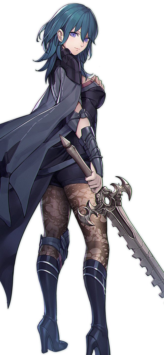 1girl armor bad_id bad_twitter_id black_armor black_boots black_bridal_gauntlets black_cape blue_eyes blue_hair boots breasts bridal_gauntlets cape closed_mouth female_byleth_(fire_emblem) female_focus fire_emblem fire_emblem:_three_houses hayapi high_heel_boots high_heels holding holding_sword holding_weapon large_breasts looking_at_viewer nintendo simple_background smile solo standing sword sword_of_the_creator weapon white_background