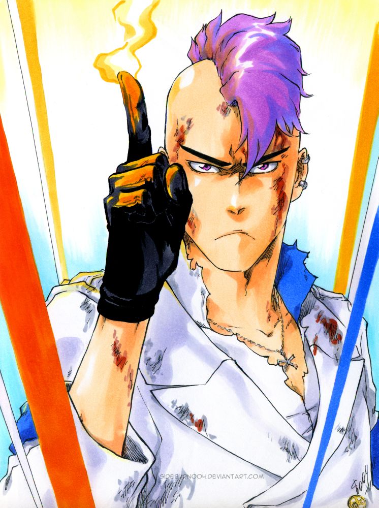 arm_up artist_name bazz-b black_gloves bleach bleach:_sennen_kessen-hen blood closed_mouth collarbone earrings fire furrowed_brow gloves hair_between_eyes index_finger_raised injury jewelry long_sleeves looking_at_viewer male_focus marker_(medium) mohawk necklace purple_eyes purple_hair pyrokinesis quincy_(bleach) shirt sideburn004 torn_clothes traditional_media upper_body white_shirt