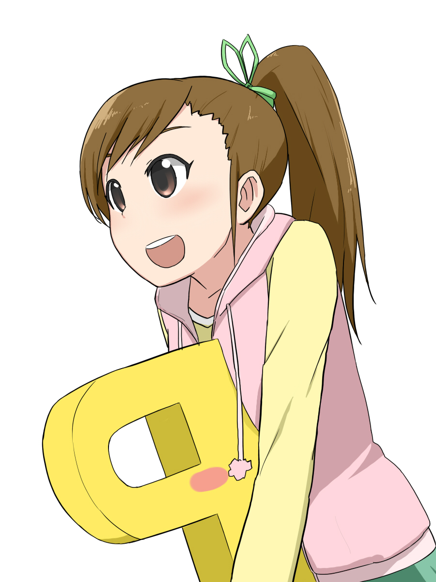 10s 1girl bad_id bad_pixiv_id blush blush_stickers brown_eyes brown_hair futami_mami highres idolmaster idolmaster_(classic) idolmaster_2 long_hair p-head_producer p_(letter) ponytail producer_(idolmaster) suzumiya_annko