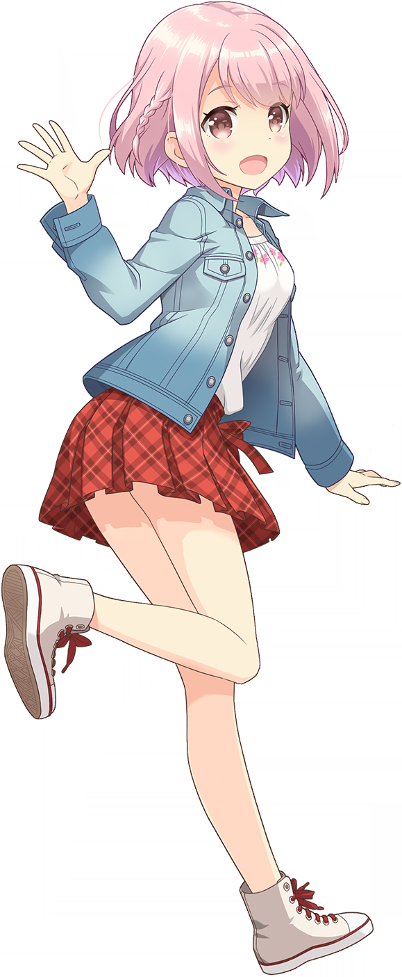 1girl blue_jacket blush braid breasts buttons dot_nose from_side full_body game_cg hand_up highres hoshizaki_akari jacket long_sleeves looking_at_viewer looking_to_the_side medium_breasts non-web_source official_art ongeki open_clothes open_jacket open_mouth pink_eyes pink_hair plaid_clothes plaid_skirt red_skirt shirt shoes short_hair simple_background skirt smile solo standing standing_on_one_leg transparent_background twisted_torso waving white_shirt white_shoes