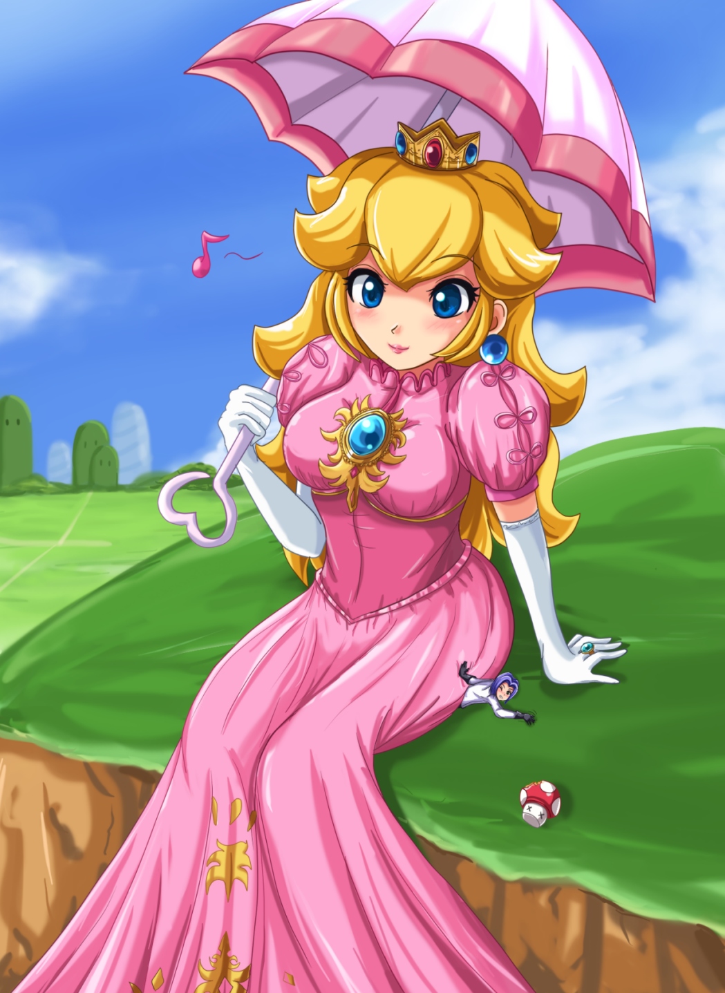 1boy 1girl blonde_hair blue_eyes breasts company_connection crossover dress earrings giant giantess gloves highres james_(pokemon) jewelry mario_(series) medium_breasts mushroom musical_note nintendo outdoors pink_dress pokemon pokemon_(anime) princess_peach pun quaver ring sigurd_hosenfeld sitting super_mushroom team_rocket too_literal umbrella when_you_see_it