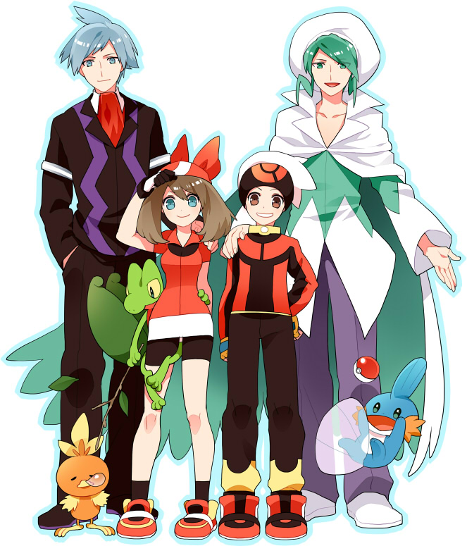 00s 1girl 3boys aqua_eyes aqua_hair ascot bandana bike_shorts blue_eyes brendan_(pokemon) brown_eyes brown_hair cape cloak closed_eyes collarbone fingerless_gloves formal_clothes gen_3_pokemon gloves grin gum_(gmng) gumidemo_kandero hand_in_pocket hand_on_own_hip hand_on_shoulder hat height_difference looking_at_viewer looking_down may_(pokemon) mudkip multiple_boys nintendo nose_bubble open_mouth outline parted_lips poke_ball pokemon pokemon_(creature) pokemon_rse simple_background sleeping smile standing starter_pokemon_trio steven_stone suit torchic treecko triangle_mouth wallace_(pokemon) white_background