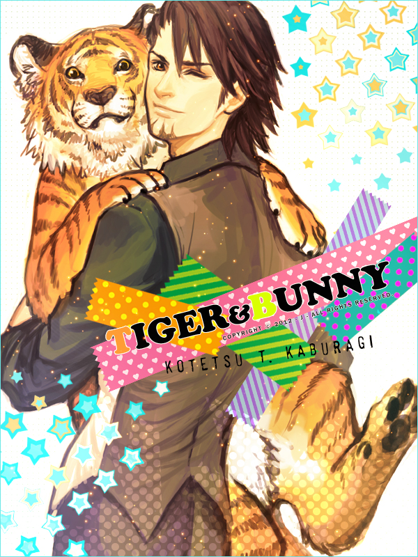 10s 1boy brown_eyes brown_hair character_name copyright_name facial_hair j_(onose1213) kaburagi_t._kotetsu male_focus solo stubble tiger tiger_&amp;_bunny vest waistcoat wink
