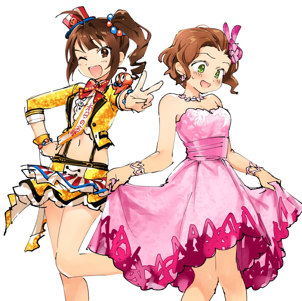 2girls :d ahoge bare_legs bare_shoulders blazer bow bowtie brown_eyes brown_hair commentary cosplay costume_switch crossover dress drill_hair earrings embarrassed frilled_skirt frills green_eyes hair_ornament hair_slicked_back hand_on_own_hip hat idol idolmaster idolmaster_cinderella_girls idolmaster_cinderella_girls_starlight_stage idolmaster_million_live! jacket jewelry midriff mini_hat miridereningen multiple_girls namba_emi navel octopus one_eye_closed open_mouth pink_dress sash side_ponytail simple_background skirt skirt_hold smile suspenders teeth upper_teeth_only wavy_hair white_background yokoyama_nao