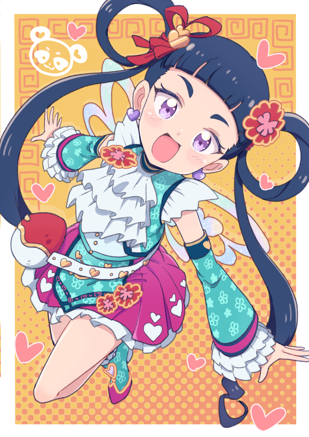 1girl :d ascot black_hair blue_sleeves blunt_bangs border cbgb detached_sleeves earrings full_body hair_rings heart heart_earrings highres idol_clothes jewelry kiratto_pri_chan long_hair looking_at_viewer melpan_(pri_chan) open_mouth outside_border pleated_skirt pretty_series purple_eyes skirt sleeveless sleeveless_jacket smile solo standing star-shaped_pupils star_(symbol) symbol-shaped_pupils twintails white_ascot white_border