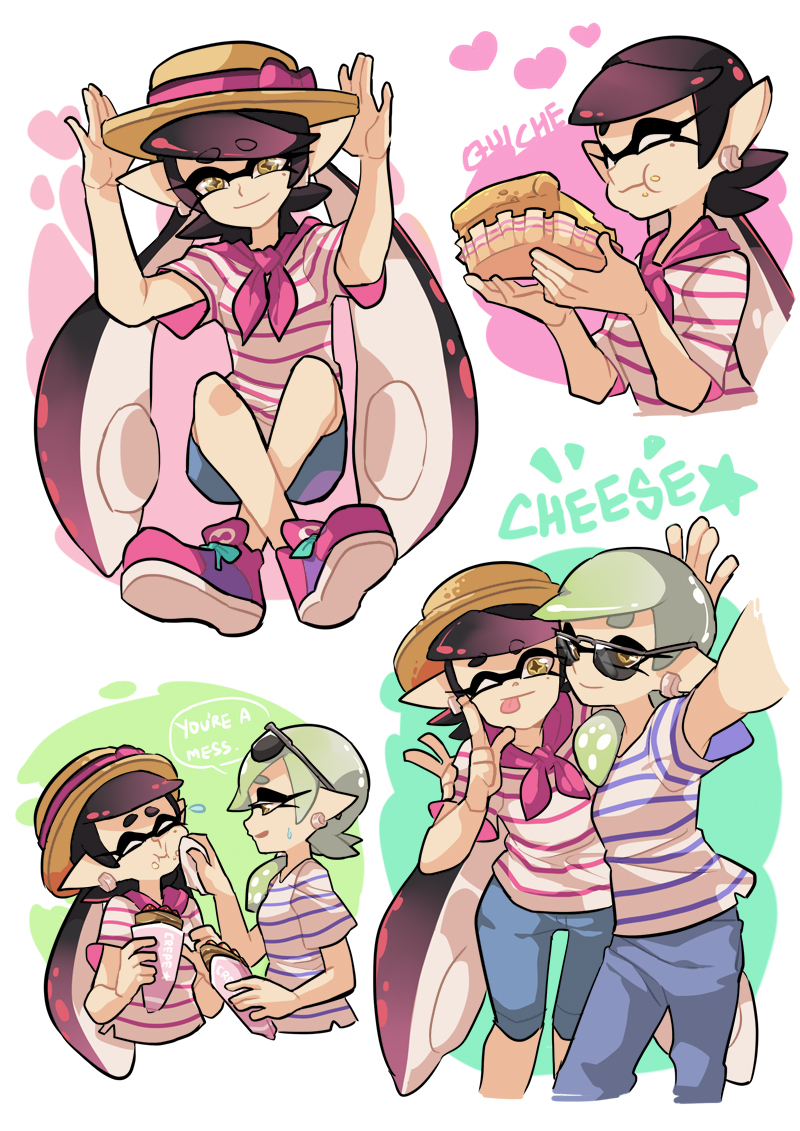 +_+ :p bandana blue_pants blue_shorts brown_hat callie_(splatoon) casual cousins cropped_torso earrings eating english_text food food_on_face gomipomi hands_on_headwear hat holding holding_food inkling jewelry long_hair looking_at_viewer marie_(splatoon) mole mole_under_eye nintendo one_eye_closed pants pink_shoes pointy_ears quiche selfie shirt shoes short_hair short_sleeves shorts smile sneakers splatoon_(series) splatoon_1 striped_clothes striped_shirt sunglasses sweatdrop t-shirt tentacle_hair tongue tongue_out