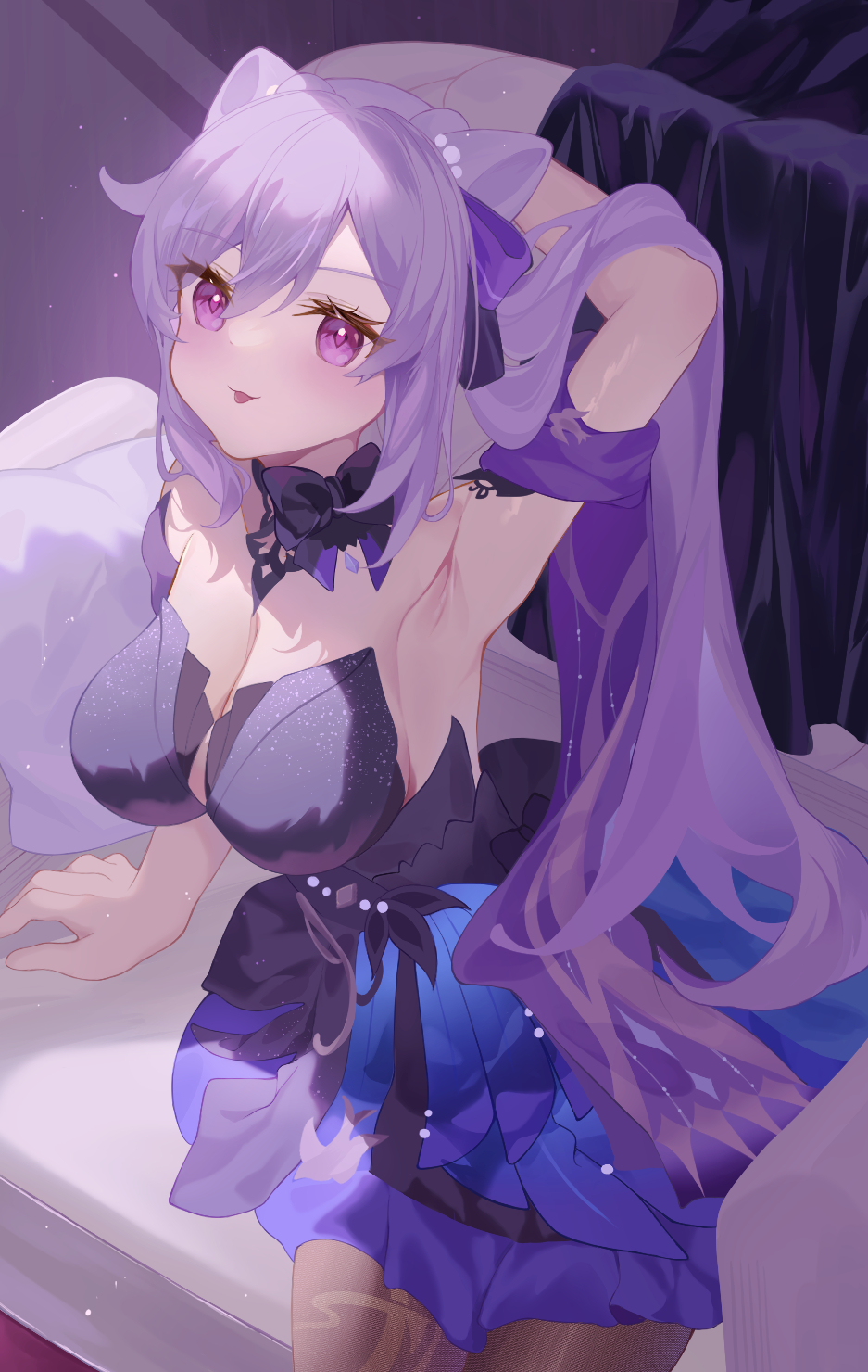 1girl bow bow_choker choker cone_hair_bun diamond-shaped_pupils diamond_(shape) double_bun dress genshin_impact hair_bun hair_ears highres keqing_(genshin_impact) keqing_(opulent_splendor)_(genshin_impact) multicolored_dress pearl_hair_ornament purple_eyes purple_hair strapless strapless_dress symbol-shaped_pupils twintails two-tone_dress urachi