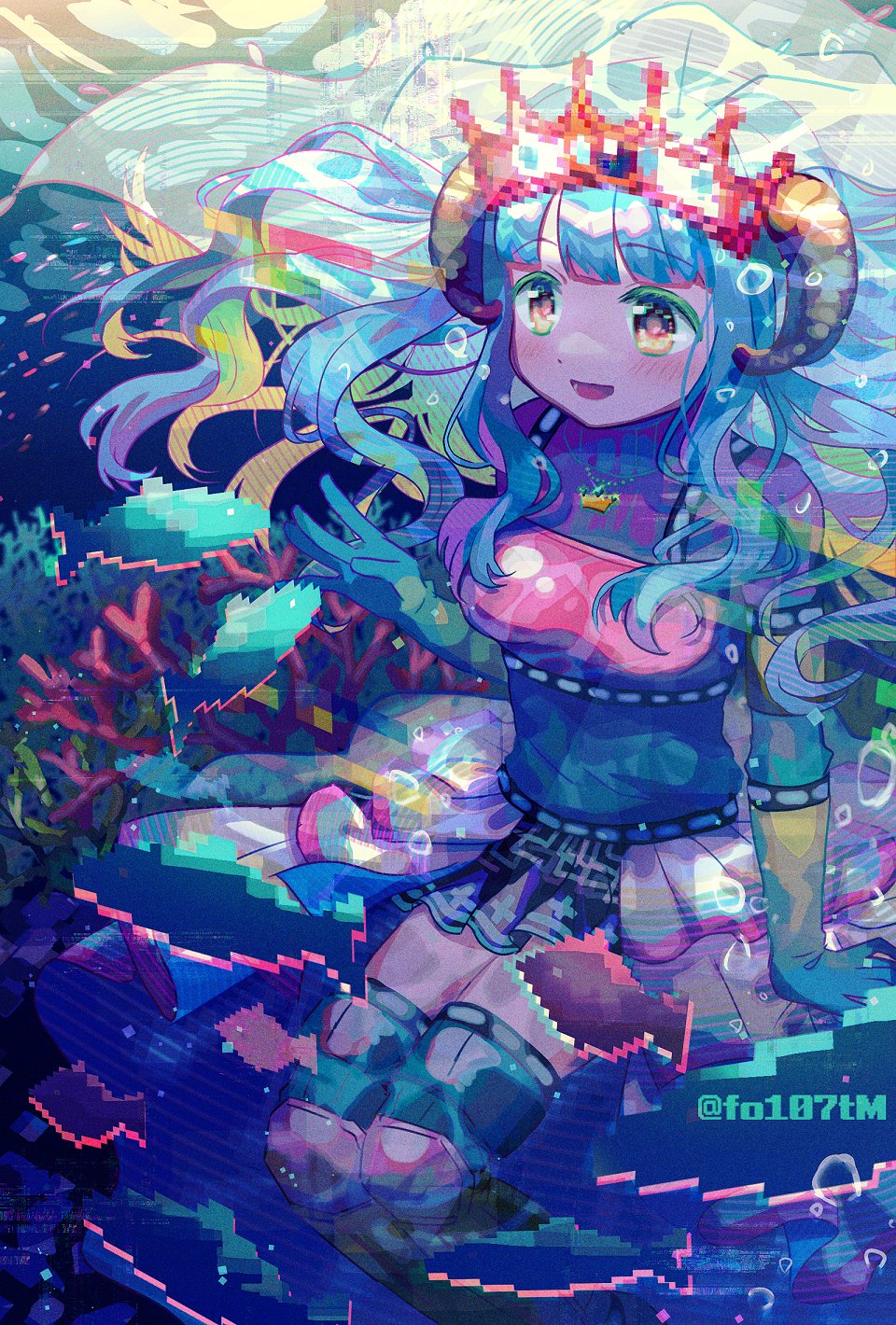 1girl 8-bit aqua_eyes aqua_hair coral_reef crown digital_dissolve futaba_sana goat_horns highres horns magia_record:_mahou_shoujo_madoka_magica_gaiden magical_girl mahou_shoujo_madoka_magica smile solo totte underwater uwasa_no_sana