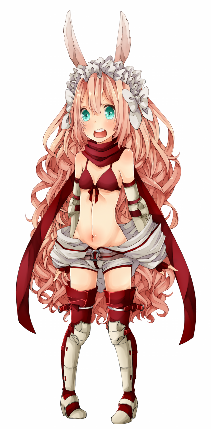 1girl animal_ears armored_boots blue_eyes blush boots bow breasts commentary_request elbow_gloves fingerless_gloves full_body gloves hair_bow highres jumpsuit jumpsuit_around_waist long_hair looking_at_viewer mechanic_(ragnarok_online) meiko_(nattu303) navel open_mouth pink_hair rabbit_ears rabbit_girl ragnarok_online red_gloves red_scarf red_thighhighs scarf simple_background small_breasts solo standing thighhighs vambraces very_long_hair wavy_hair white_background white_bow white_jumpsuit