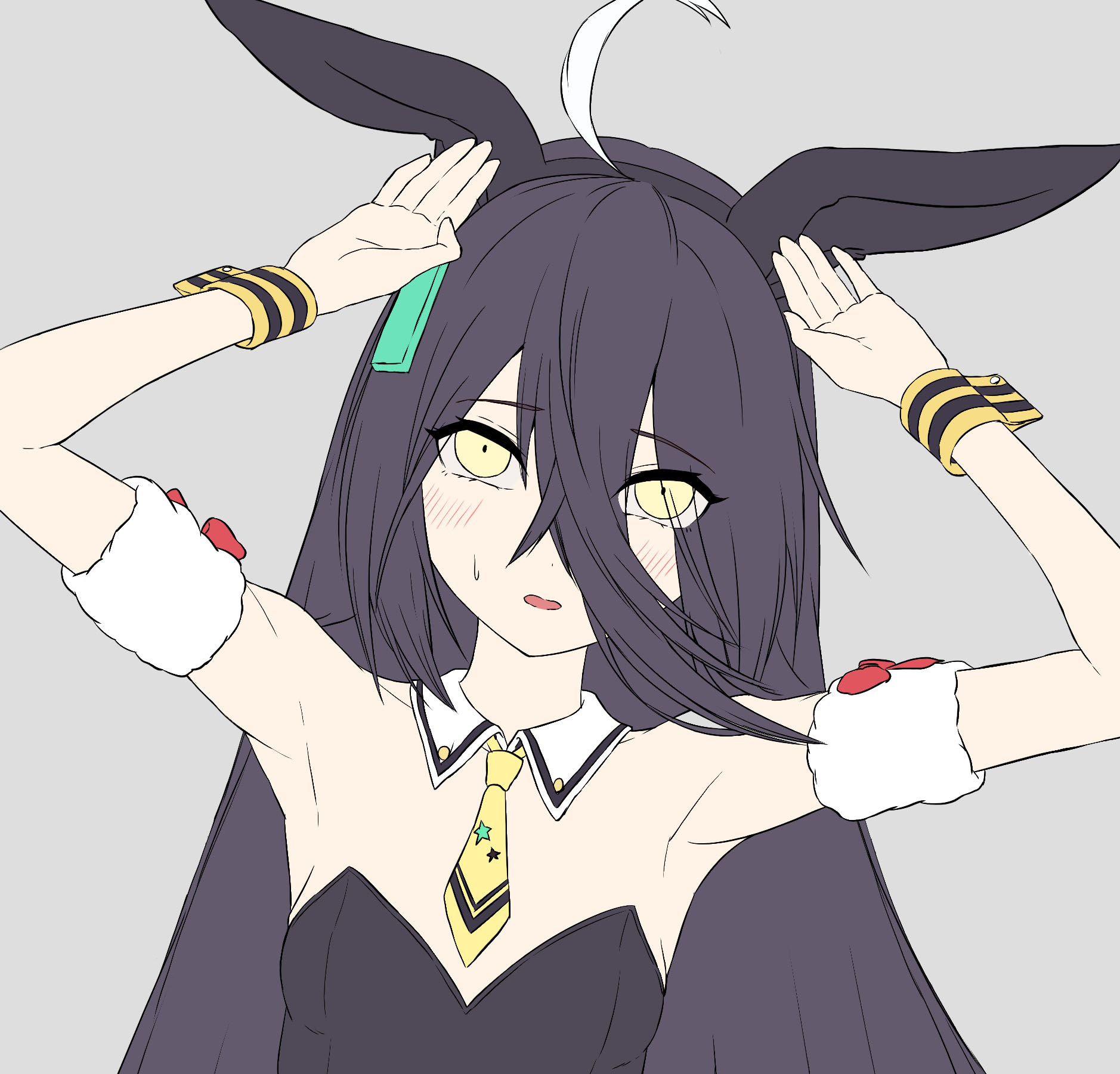animal_ear_hairband animal_ears arm_strap armpits arms_up black_hair black_leotard blush crossed_bangs detached_collar ear_tag earrings fake_animal_ears grey_background hair_between_eyes hairband highres jewelry leotard long_bangs long_hair long_hair_between_eyes manhattan_cafe_(umamusume) multicolored_hair necktie rabbit_ears rabbit_pose reo-illust4696 short_necktie sidelocks simple_background single_earring strapless strapless_leotard umamusume white_hair wrist_cuffs yellow_eyes yellow_necktie