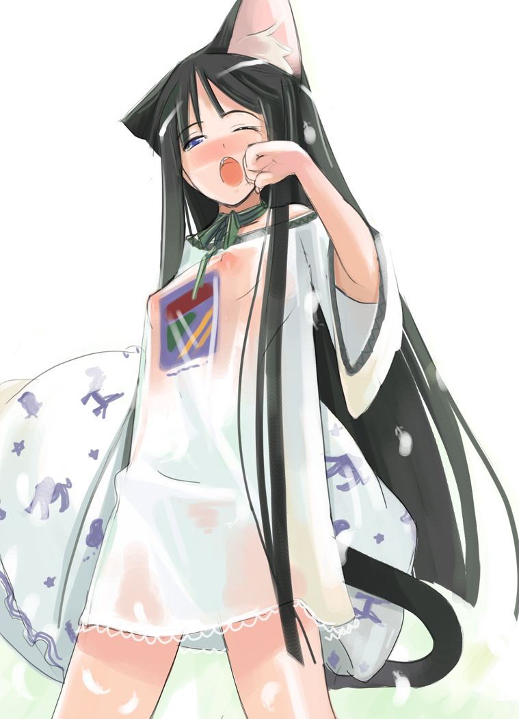 1girl animal_ears black_hair blue_eyes blush cat_ears cat_tail female_focus flat_chest long_hair maruku nipples original pillow see-through_clothes solo tail very_long_hair yawning