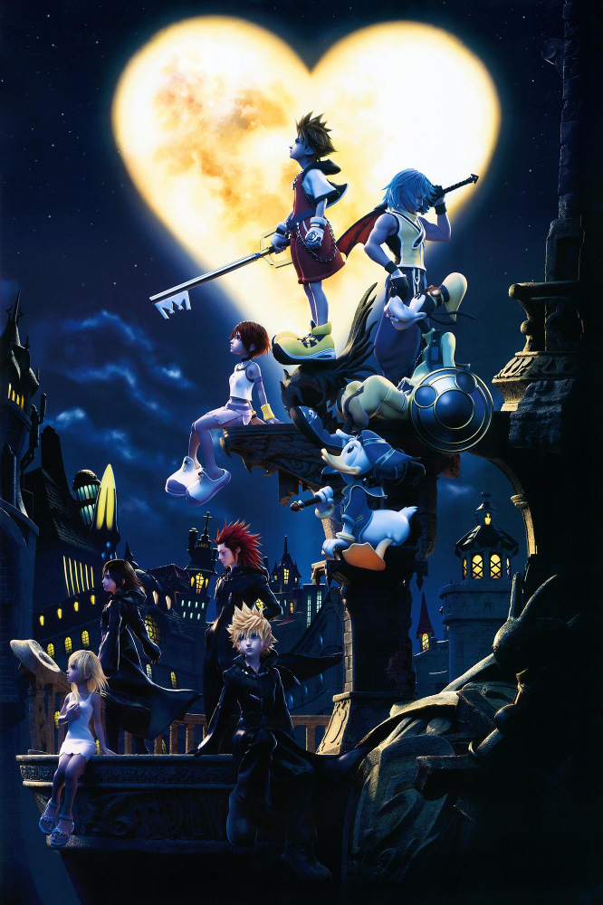 3d 3girls 4boys axel belt black_coat black_coat_(kingdom_hearts) black_eyes black_footwear black_gloves black_hair black_jacket black_pants black_shirt blonde_hair blouse blue_belt blue_hat blue_pants blue_shirt brown_hair building chain city closed_eyes cloud coat disney donald_duck dress gloves goggles goggles_on_headwear goofy green_shirt hat heart heart-shaped_moon hood hoodie jacket jumpsuit kairi_(kingdom_hearts) keyblade kingdom_hearts kingdom_hearts_ii looking_up mickey_mouse_&amp;_friends moon multicolored_shirt multiple_boys multiple_girls muscular namine night official_art open_clothes open_jacket pants pink_belt pink_skirt poster_(medium) red_hair red_jumpsuit riku_(kingdom_hearts) roxas sandals shield shirt shoes sitting skirt sky sleeveless sleeveless_shirt sora_(kingdom_hearts) square_enix staff star_(sky) starry_sky symbol-shaped_moon tank_top teeth white_dress white_footwear white_gloves white_hair white_jacket white_shirt wristband xion_(kingdom_hearts) yellow_hat yellow_shirt yellow_shoes