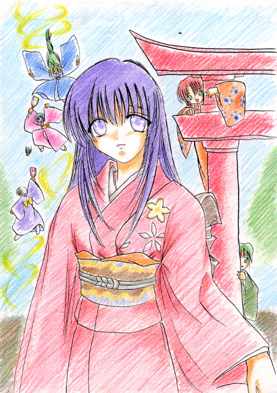 6+girls arch blazing_star green_hair japanese_clothes kimono kizuyomina_amayuki kizuyomina_asayuki leefa_chyao looking_at_viewer multiple_girls outdoors purple_eyes purple_hair torii yamazaki_naomi zhou_lihua