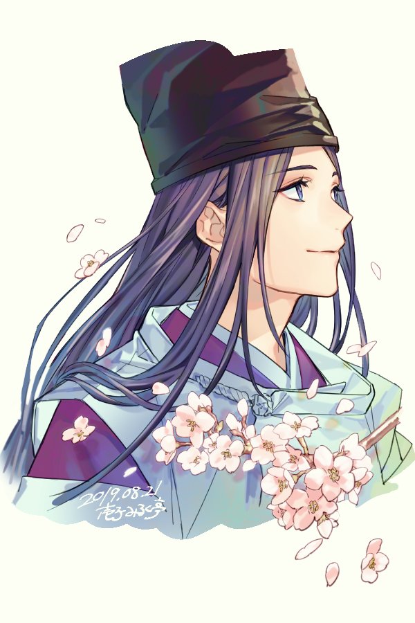 1boy artist_name black_hair black_hat blue_eyes cherry_blossoms dated falling_petals flower fujiwara_no_sai hat hikaru_no_go ichiko_milk_tei japanese_clothes kariginu kimono long_hair looking_to_the_side male_focus parted_bangs petals pink_flower portrait purple_kimono simple_background smile solo tate_eboshi upper_body