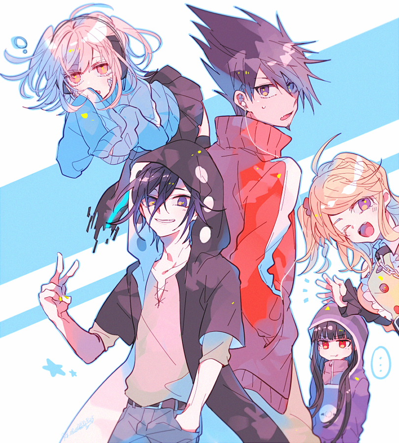 ... 2boys 3girls ahoge akamatsu_kaede blonde_hair brown_hair collared_jacket commentary_request cosplay danganronpa_(series) danganronpa_2:_goodbye_despair danganronpa_v3:_killing_harmony digital_dissolve earphones ene_(kagerou_project) ene_(kagerou_project)_(cosplay) facial_hair flipped_hair floating goatee grin hair_between_eyes hand_in_pocket harukawa_maki headphones hood hood_up hoodie jacket jersey kagerou_project kano_shuuya kano_shuuya_(cosplay) kido_tsubomi kido_tsubomi_(cosplay) kisaragi_shintarou kisaragi_shintarou_(cosplay) long_hair long_sleeves looking_at_viewer momota_kaito multiple_boys multiple_girls nanami_chiaki oma_kokichi one_eye_closed open_mouth pants partial_commentary pink_eyes pink_hair pleated_skirt purple_eyes purple_facial_hair purple_hair purple_hoodie red_eyes shirt short_hair simple_background single_stripe skirt smile spiked_hair spoken_ellipsis sweatdrop teeth track_jacket tsuki_miyabi twintails v very_long_sleeves