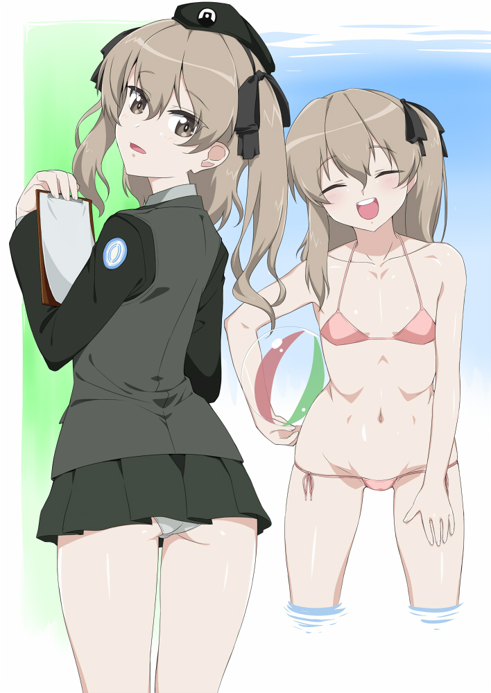 1girl beret bikini black_headwear black_jacket black_ribbon black_skirt blue_sky breasts brown_eyes clipboard closed_eyes commentary dress_shirt emblem from_behind girls_und_panzer groin hair_ribbon halterneck hand_on_own_thigh hat holding holding_clipboard jacket japanese_tankery_league_(emblem) light_brown_hair long_hair long_sleeves looking_at_viewer looking_back lowleg lowleg_bikini micro_bikini military_hat military_uniform miniskirt multiple_views navel one_side_up open_mouth panties pantyshot pink_bikini pleated_skirt ribbon selection_university_(emblem) selection_university_military_uniform shichimenchou shimada_arisu shirt skirt sky small_breasts smile standing string_bikini swimsuit underwear wading water white_shirt