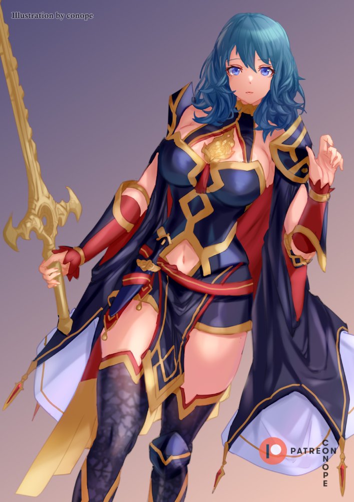 1girl armor black_cape blue_eyes breasts brooch female_byleth_(fire_emblem) female_byleth_(resplendent)_(fire_emblem) cape clothing_cutout conope fire_emblem fire_emblem:_three_houses fire_emblem_heroes holding holding_weapon jewelry large_breasts looking_at_viewer multicolored_cape navel navel_cutout nintendo official_alternate_costume pelvic_curtain solo sword sword_of_the_creator thighhighs weapon