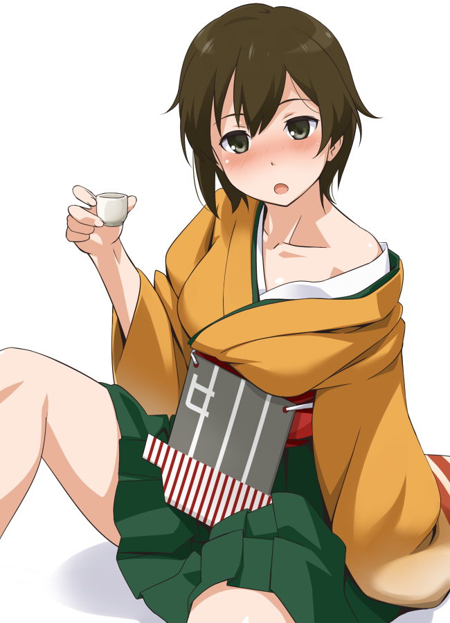 10s 1girl :o bare_shoulders blush brown_eyes brown_hair choko_(cup) cup drunk female_focus hiryuu_(kancolle) kantai_collection looking_at_viewer off_shoulder short_hair simple_background solo white_background youkan