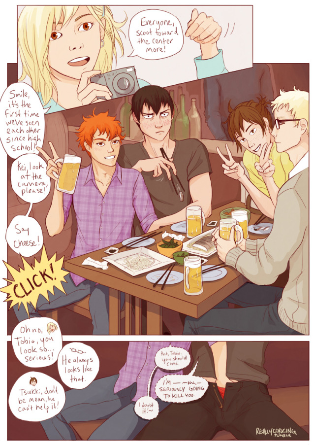 alcohol beer beer_mug camera chopsticks cup group_picture haikyuu!! hand_in_pants hinata_shouyou kageyama_tobio mug penis_grab reallycorking taking_picture tsukishima_kei yaoi