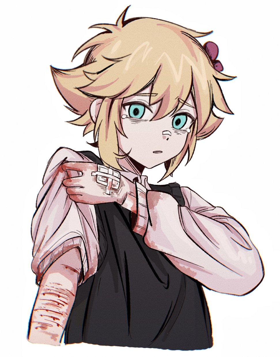 1boy alternate_costume bandaged_hand bandages bandaid bandaid_on_face bandaid_on_nose basil_(faraway)_(omori) basil_(omori) black_sweater_vest blonde_hair blood blood_on_clothes blood_on_hands blue_eyes collared_shirt flower hair_flower hair_ornament highres long_sleeves looking_at_viewer niu_tata omori parted_lips self-harm shirt short_hair simple_background solo sweater_vest tearing_up upper_body white_background white_shirt