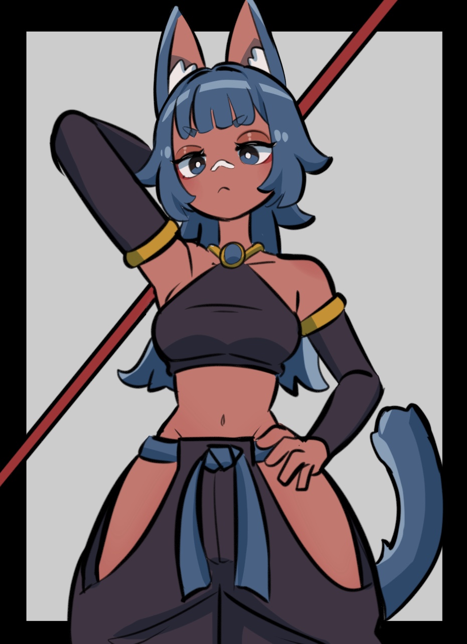1girl amazu_(kurozu) animal_ear_fluff animal_ears aoi_(amazu) arm_behind_head arm_up bare_shoulders black_border black_pants black_sleeves blue_eyes blue_hair border breasts cat_ears cat_girl cat_tail commentary dark-skinned_female dark_skin detached_sleeves grey_background groin hand_on_own_hip highres hip_vent holding holding_behind_back holding_weapon_behind_back long_hair long_sleeves medium_breasts navel original pants short_eyebrows solo tail thick_eyebrows