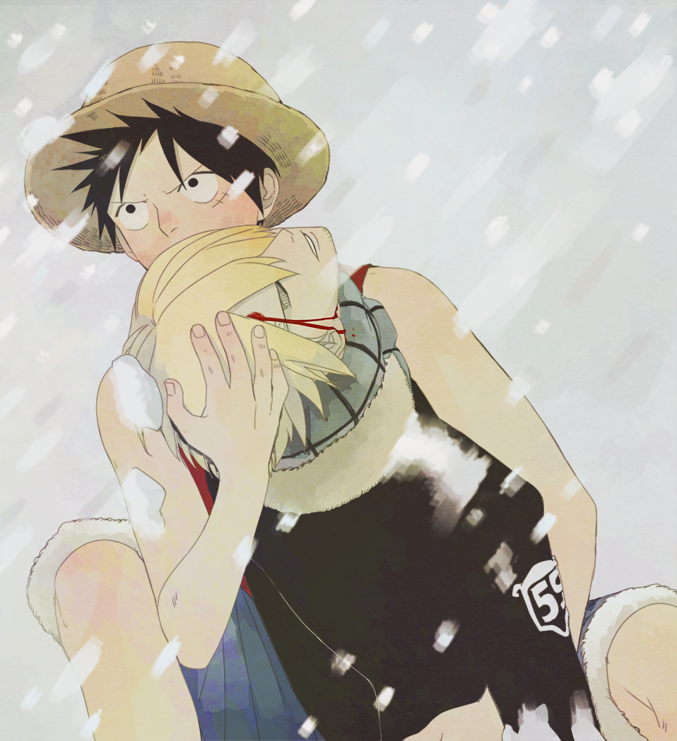 2boys blood carrying drum_island closed_eyes hat injury jacket male_focus monkey_d._luffy multiple_boys one_piece sanji_(one_piece) snow straw_hat unconscious vest