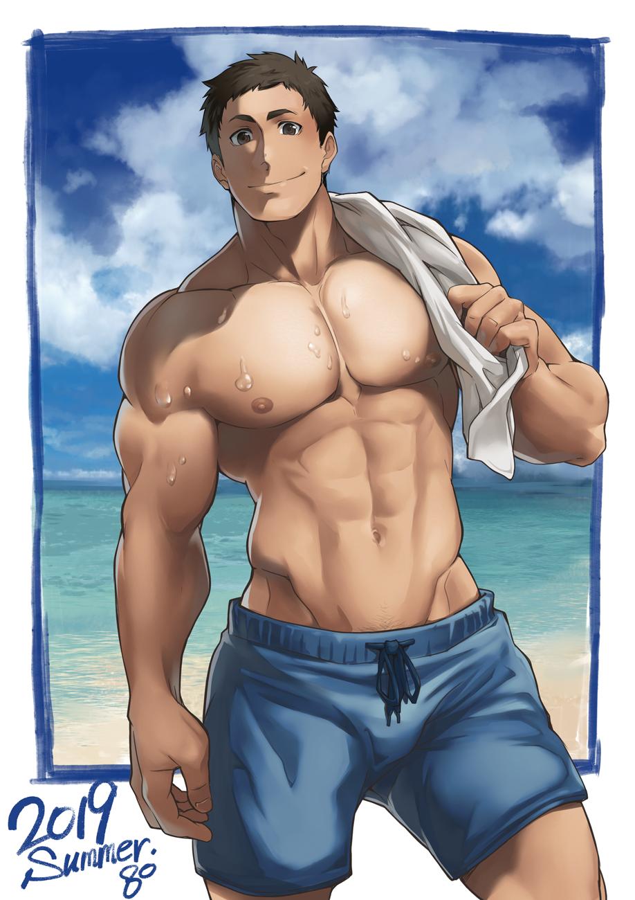1boy 2019 8_(yamalu) abs bara beach black_hair blue_male_swimwear closed_mouth cloud haikyuu!! highres holding holding_unworn_clothes holding_shirt holding_unworn_clothes large_pectorals looking_at_viewer male_focus male_swimwear muscular muscular_male navel nipples outdoors pectorals sawamura_daichi shirt short_hair sky smile solo topless_male unworn_shirt wet