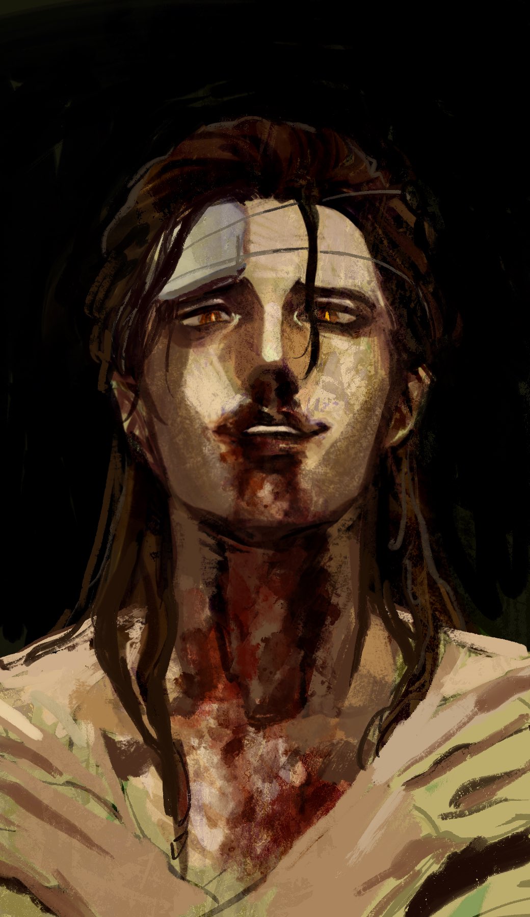 1boy aioiko bandaged_head bandages black_background blood blood_on_face hair_slicked_back highres identity_v looking_down luchino_(identity_v) luchino_diruse nosebleed nude smile