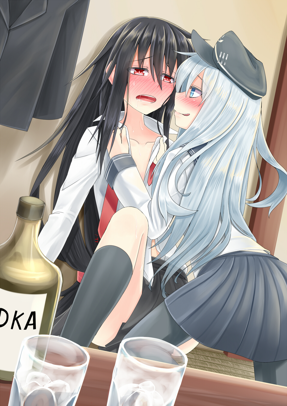 10s 2girls alcohol black_hair blue_eyes blush commentary_request drunk glass hat hatsushimo_(kancolle) hibiki_(kancolle) highres kantai_collection licking_lips multiple_girls partially_undressed red_eyes school_uniform sweat tongue tongue_out vodka white_hair yuri zaki_(2872849)