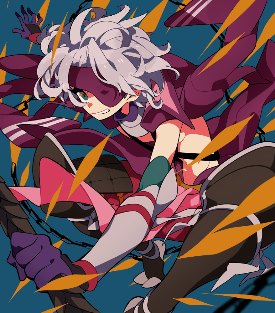 1girl armor blue_background blue_eyes breasts chain chousokabe_motochika_(sengoku_basara) commentary_request eyepatch genderswap genderswap_(mtf) grey_hair grin holding holding_weapon jacket jacket_on_shoulders japanese_armor looking_at_viewer sameyama_jiro sengoku_basara short_hair sideboob smile solo weapon