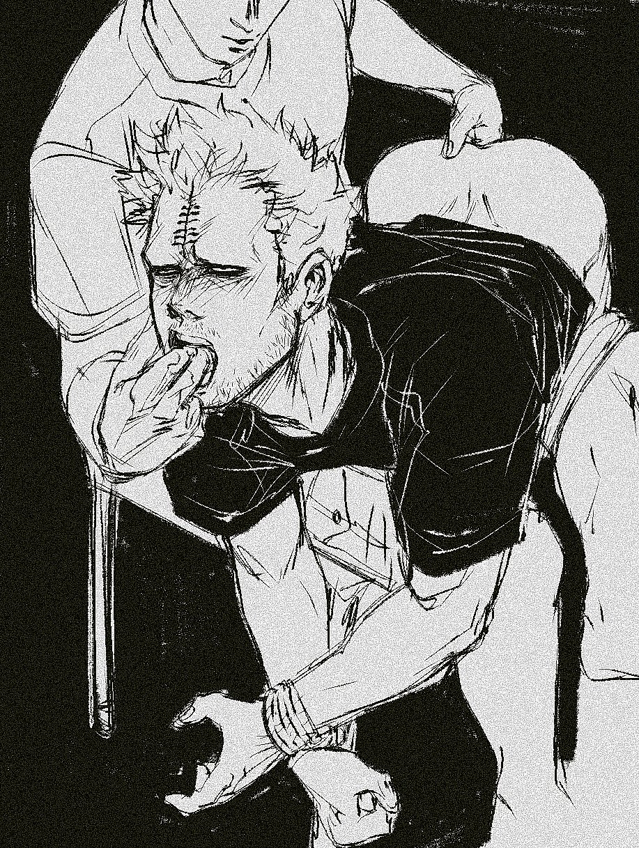 2boys anal_fingering ass bara beard_stubble boku_no_hero_academia bottomless bound bound_arms bubaigawara_jin facial_hair fingering greyscale hair_in_another&#039;s_mouth highres lying lying_on_lap male_focus messy_hair monochrome multiple_boys naked_shirt on_stomach out_of_frame rope shirt short_hair smokerichi solo_focus stubble thick_eyebrows yaoi