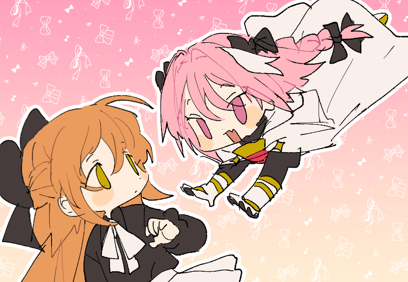 1boy 1girl astolfo_(fate) black_bow black_dress black_shirt blonde_hair bow braid braided_ponytail cape chibi chibi_only crossdressing dress fate/grand_order fate_(series) fur-trimmed_cape fur_trim gauntlets hair_bow korean_commentary koyashaka liss_meier_(koyashaka) miniskirt no_pupils original pink_hair pouncing purple_eyes shirt side_braids skirt trap twintails white_cape white_skirt yellow_eyes