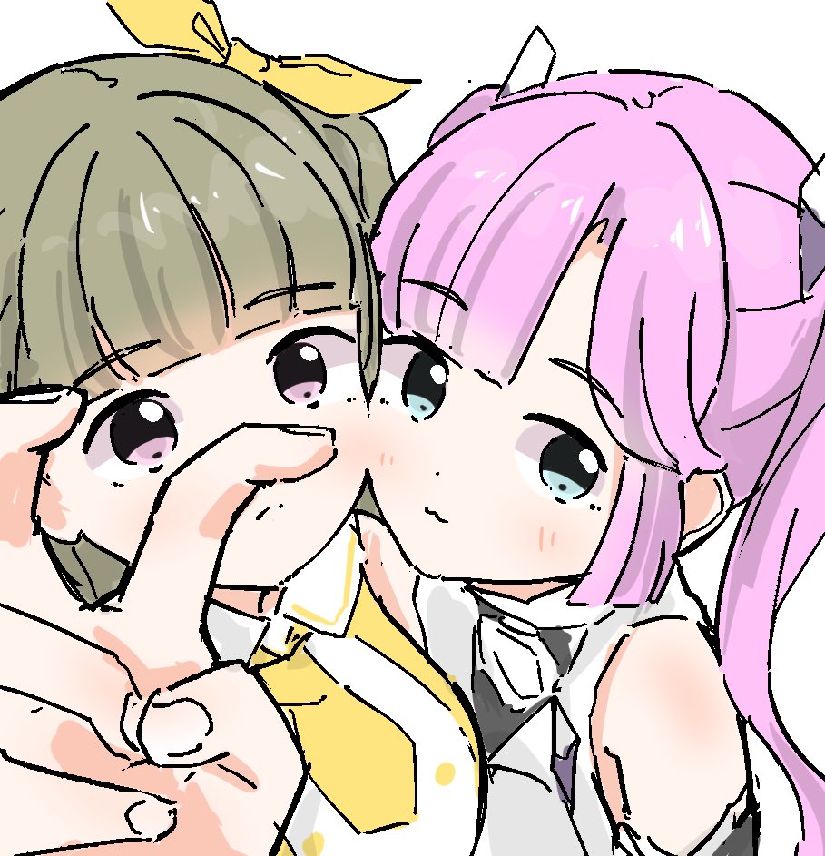 2girls :3 anyoji_hime bare_shoulders bent_v blue_eyes blunt_bangs blush brown_hair closed_mouth collared_shirt commentary fanfare!!!_(love_live!) frown kachimachi_kosuzu link!_like!_love_live! long_hair looking_at_viewer love_live! multiple_girls necktie official_alternate_costume one_side_up pink_eyes pink_hair proof_(love_live!) shirt short_necktie sidelocks sleeveless sleeveless_shirt symbol-only_commentary tazaki_masanobu twintails upper_body v virtual_youtuber yellow_necktie yellow_shirt