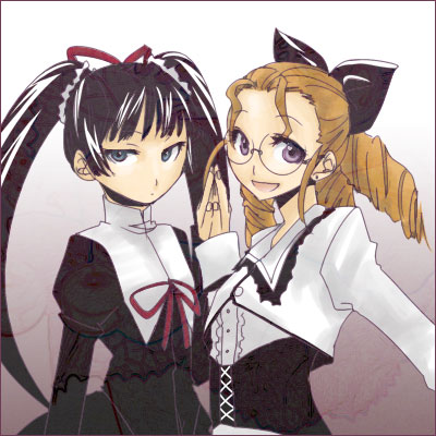 00s 2girls bk black_hair blonde_hair bow coyote_ragtime_show curly_hair drill_hair february_(coyote_ragtime_show) glasses green_eyes lolita_fashion lowres march_(coyote_ragtime_show) mudo_(saji) multiple_girls purple_eyes ribbon school_uniform serafuku twintails