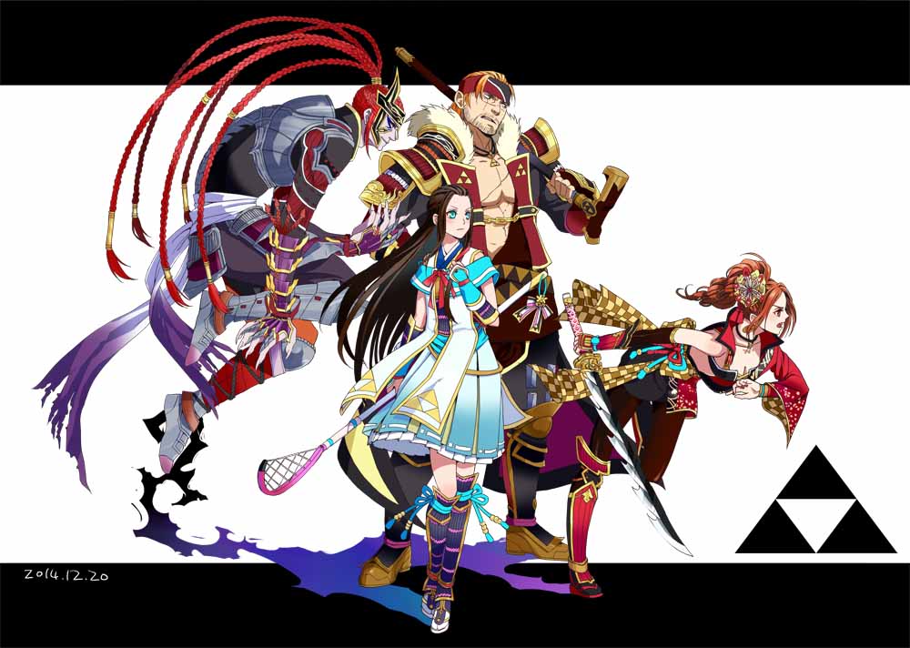 2boys 2girls armor bare_shoulders beard blue_eyes boots bra braid breasts brown_hair cane cleavage coat detached_sleeves facial_hair fuuma_kotarou hair_ornament hayakawa-dono headband hojo_ujiyasu houjou_ujiyasu japanese_clothes jewelry kaihime long_hair multiple_boys multiple_girls necklace open_mouth orange_hair pants pantyhose red_hair ribbon scar sengoku_musou short_hair side_ponytail skirt sword underwear very_long_hair weapon