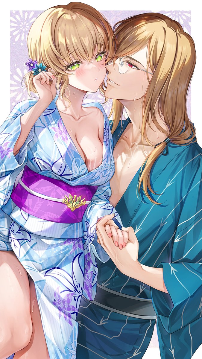 1boy 1girl blonde_hair blush border breasts cleavage collarbone commentary_request couple cowboy_shot floral_print floral_print_kimono glasses green_eyes hair_ornament highres holding_hands jade_curtiss japanese_clothes kimono light_brown_hair long_hair looking_at_another medium_breasts nail_polish natalia_luzu_kimlasca_lanvaldear obi outside_border parted_lips pink_nails print_kimono purple_sash red_eyes sash short_hair shuragyoku_mami sweat sweatdrop tales_of_(series) tales_of_the_abyss white_border wide_sleeves yukata