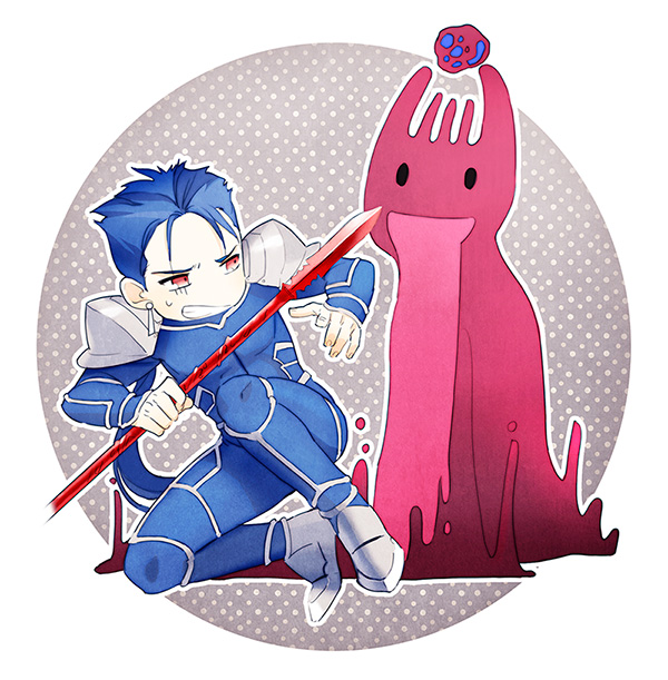 1boy bad_id bad_pixiv_id blue_hair carnival_phantasm chibi cu_chulainn_(fate) cu_chulainn_(fate/stay_night) earrings fate/stay_night fate_(series) gae_bolg_(fate) grail-kun jewelry long_hair polearm ponytail red_eyes spear taa_(acid) weapon
