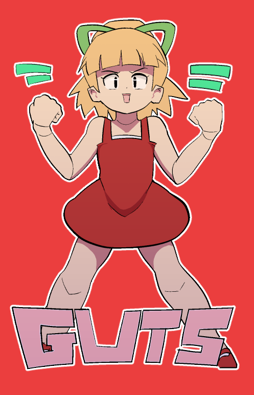 1girl android black_eyes blonde_hair capcom dress flexing green_ribbon hair_ribbon long_hair looking_at_viewer mary_janes mega_man_(classic) mega_man_(series) open_mouth ponytail red_background red_dress red_shoes ribbon robot roll_(mega_man) rommi shoes sleeveless sleeveless_dress smile standing